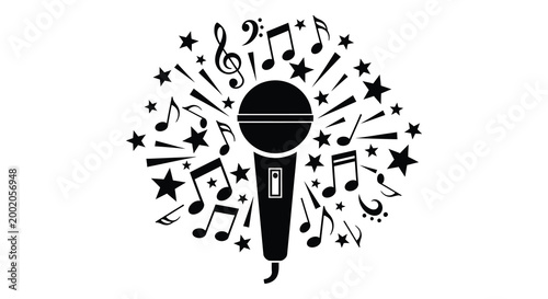 Microphone with musical notes and stars black silhouette