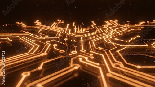An abstract, glowing network of interconnected nodes and pathways stretches across a dark background, resembling a futuristic cityscape or neural network.