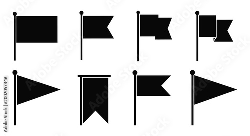 Set of black flag silhouettes with poles isolated on white background