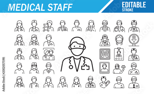 Medical Staff Icons Set with Doctor Nurse Surgeon Pharmacist and Healthcare Worker Line Art Collection