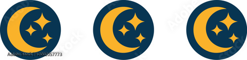 Crescent moon icon set, three variations with star patterns on dark circular background representing night sky astronomy and celestial design.
