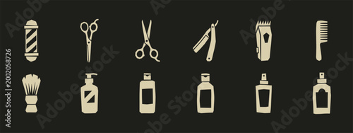 Set of barber shop equipment icons featuring scissors straight razor hair clipper and grooming supplies