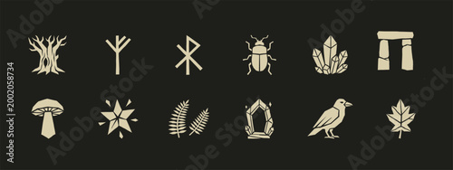 Mystical Occult Nature Icon Set with Raven Crystals Runes Mushroom and Tree Symbols