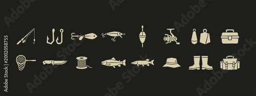 Minimalist fishing equipment and tackle icons set with rod reel hooks lures and fish