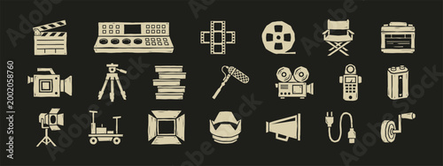 Hand Drawn Vintage Film Production Equipment Icons and Cinematography Symbols Set