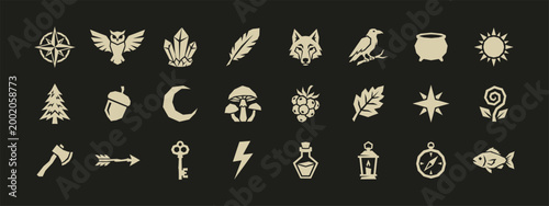 Minimalist forest and magic vector icons featuring animals plants and survival tools