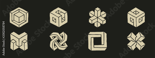 Collection of eight hand drawn isometric geometric icons and impossible shapes on dark background