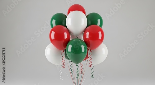Festive red white and green balloons bouquet, glossy helium party balloons with curly ribbons, celebratory holiday decorations for Christmas or national events
