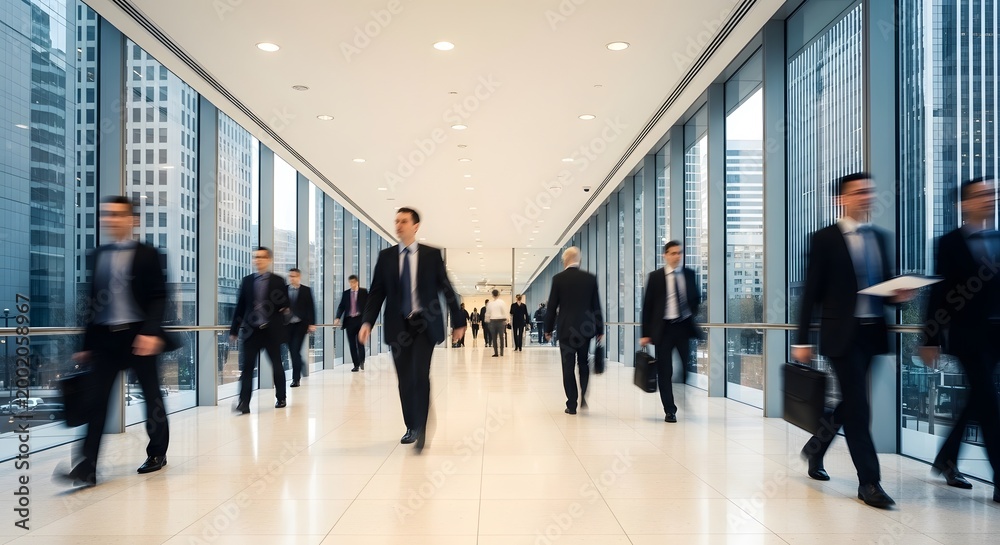 Fototapeta premium Business professionals walking through a modern building's corridor