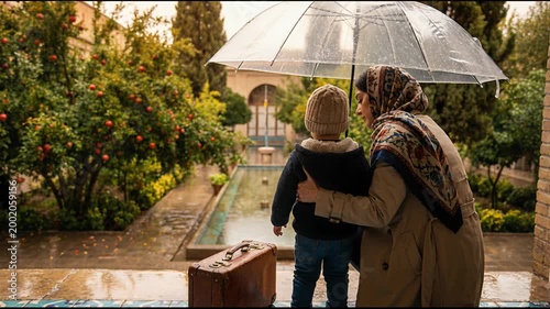 Woman and toddler with umbrella in rainy garden of Iran. Mother and child standing by vintage luggage in courtyard during autumn rain. Travel family concept.