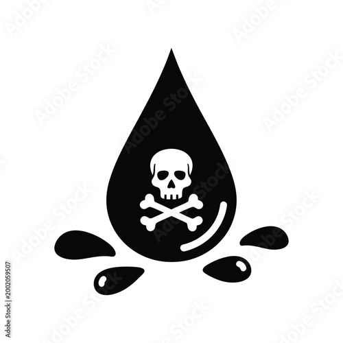 Black drop with skull and crossbones symbol and surrounding droplets poison icon toxic icon danger icon hazard icon death icon warning icon