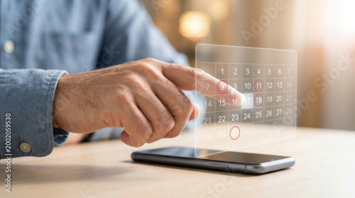Close-up of a person's finger interacting with a futuristic digital calendar displayed over a smartphone screen.