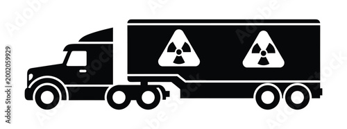 Black and white icon of a truck with a trailer marked with two radioactive symbols representing hazardous material transport radioactive transport