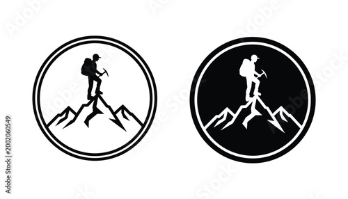 Mountaineer standing on mountain peak badge vector icon set in outline and solid black style for outdoor adventure and hiking branding