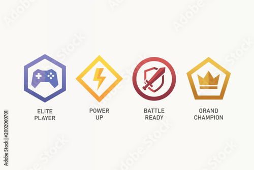 E-sports achievement badges set, Gaming level up and rank icons collection.