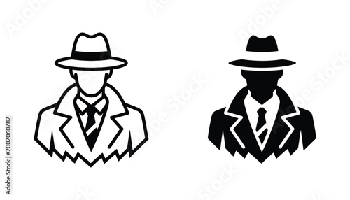 Mysterious detective or spy character icon with hat and trench coat vector set for noir and mystery themed graphic designs