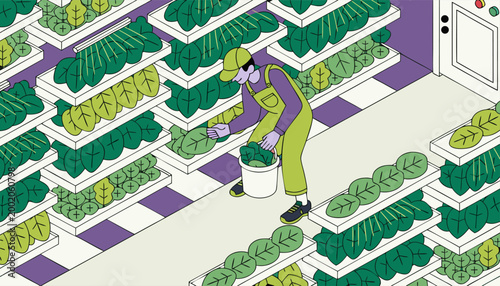 Concept of Hydroponic Urban Gardening with Worker Harvesting Green Leafy Vegetables.eps