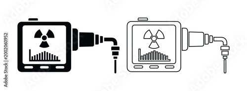 Radiation testing measurement monitor icon set with radiation measurement radioactivity equipment scientific analysis technology detection