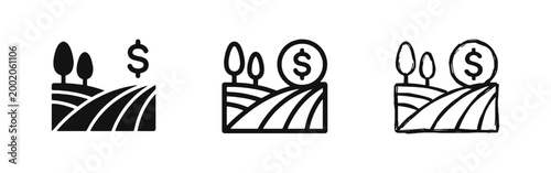 Agriculture Investment Farmland Icon Set - Rural Land Value and Profit Concept