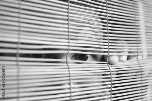 Fotografía Through wooden blinds the man looks