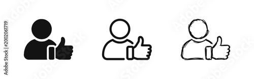 Person giving thumbs up icon set, like, approval, positive feedback, success, agreement, vector illustration