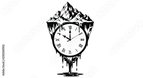 Foto Melting clock integrated with a mountain peak symbolizes the passage of time