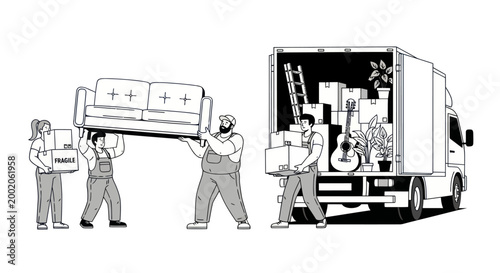 Workers moving furniture into truck.