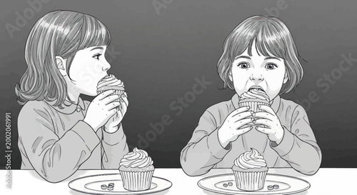 Two children eating cupcakes happily.