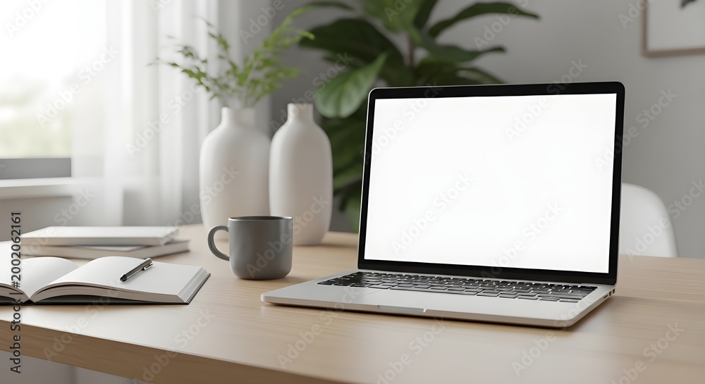 Fototapeta premium Laptop mockup with stationery on a light wooden desk