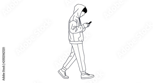 Person walking with hoodie on phone.