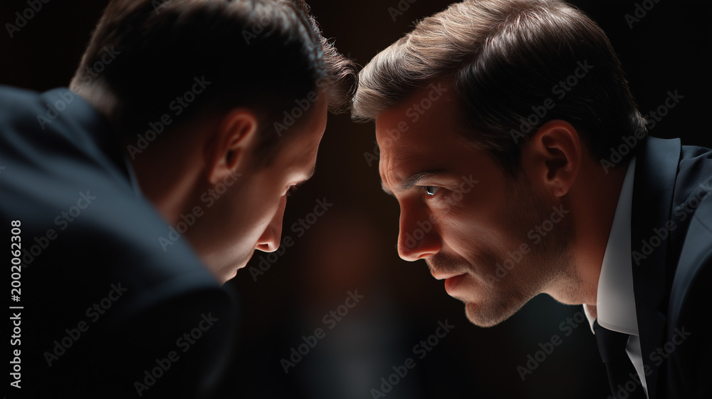 Fototapeta premium Two men focusing on each other in an intense conversation at a formal event in the evening