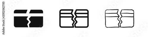 Broken Credit Card Icon Set, Debt Bankruptcy and Canceled Payment Symbols