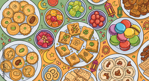 A colorful overhead illustration of a festive spread of Middle Eastern desserts, including baklava, cookies, and candies, set against a decorative background.
