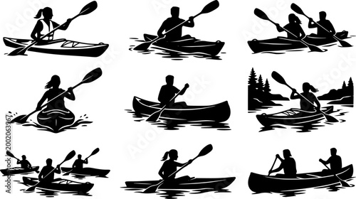 Kayak silhouettes, Canoe silhouette, Woman kayaking silhouette, Kayaking silhouette, Kayak SVG, Kayak vector set
