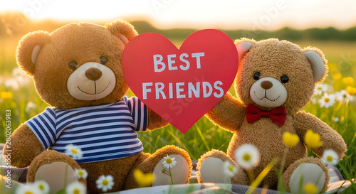 Two adorable teddy bears with a heart shaped sign expressing 'best friends' in a floral meadow