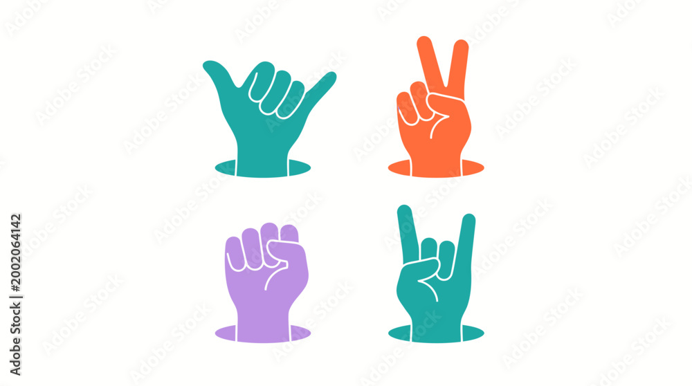 Fototapeta premium Four colorful hands making different gestures in a symbolic display