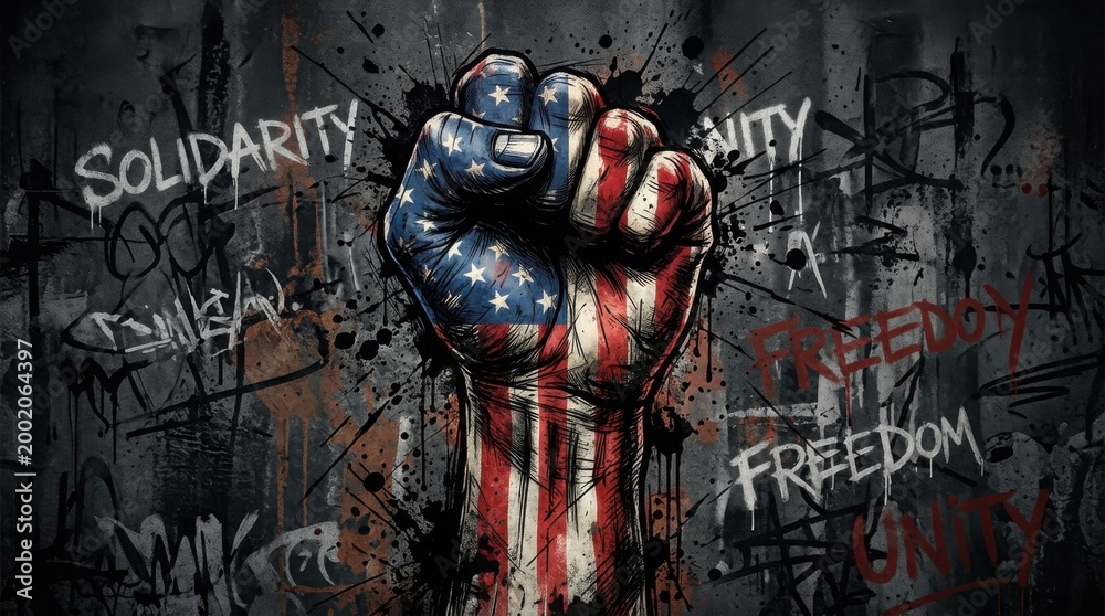 Naklejka premium Gritty Graffiti Style Raised Fist with American Flag Texture