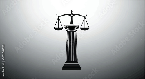 Photos Scales of justice stand balanced atop a tall classical pillar in a legal setting