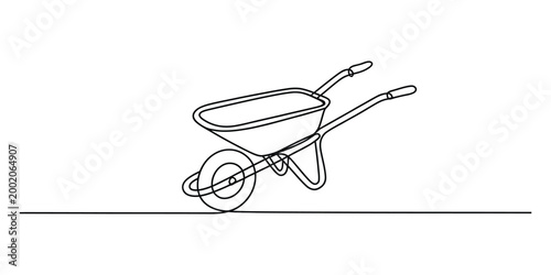 Continuous single line drawing of a garden wheelbarrow icon
