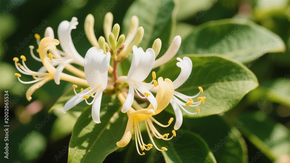 Fototapeta premium A cluster of white honeysuckle flowers, with stamens dotted with yellow, in a natural environment, photographed with a close-up shot. The background features clear green leaves, and soft sunlight illu
