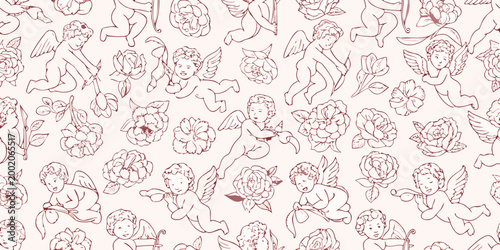 Foto Seamless repeating vector pattern with cherubs and roses
