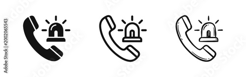 Emergency Call Icon Set with Phone Handset and Alarm Siren Symbol in Three Styles