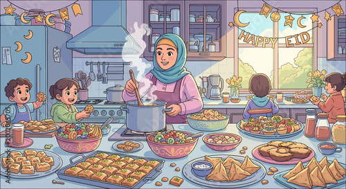 A mother and children preparing a festive Eid feast in a decorated kitchen with a large spread of traditional dishes and desserts.