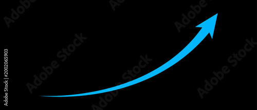 Long curved blue arrow moving up concept of stock market business growth, increasing financial profit, business grow up trend sign. Business upward arrow on black background. Vector illustration.