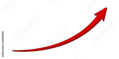Long curved 3D red arrow gradually moving up concept of stock market business growth, increasing financial profit, business grow up trend sign. Business upward arrow graph chart. Vector illustration.