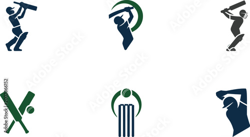Cricket sport icons with players and equipment on white background