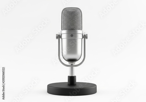 Classic microphone on a black stand against a plain background
