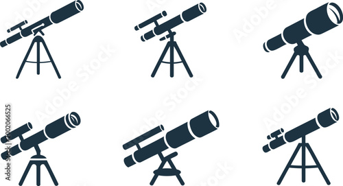 Telescopes on tripods in different positions and angles for astronomy and stargazing  various views