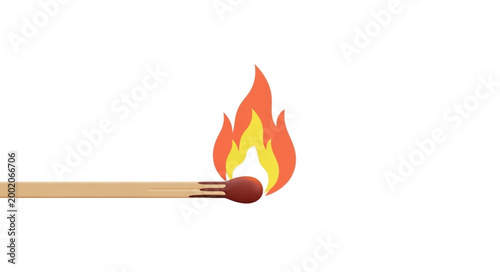 Burning Matchstick Igniting Flame Isolated White Background.