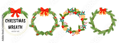 Wreath collection circle vector set for merry light christmas. Garland with green element and festive pine botanical design. Botanical wreath collection features circle vector set.
